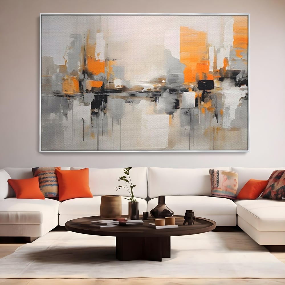 Tablou canvas cu pictura abstracta cu reflexii urbane, in rama de aluminiu argintiu, pe perete intr-un living